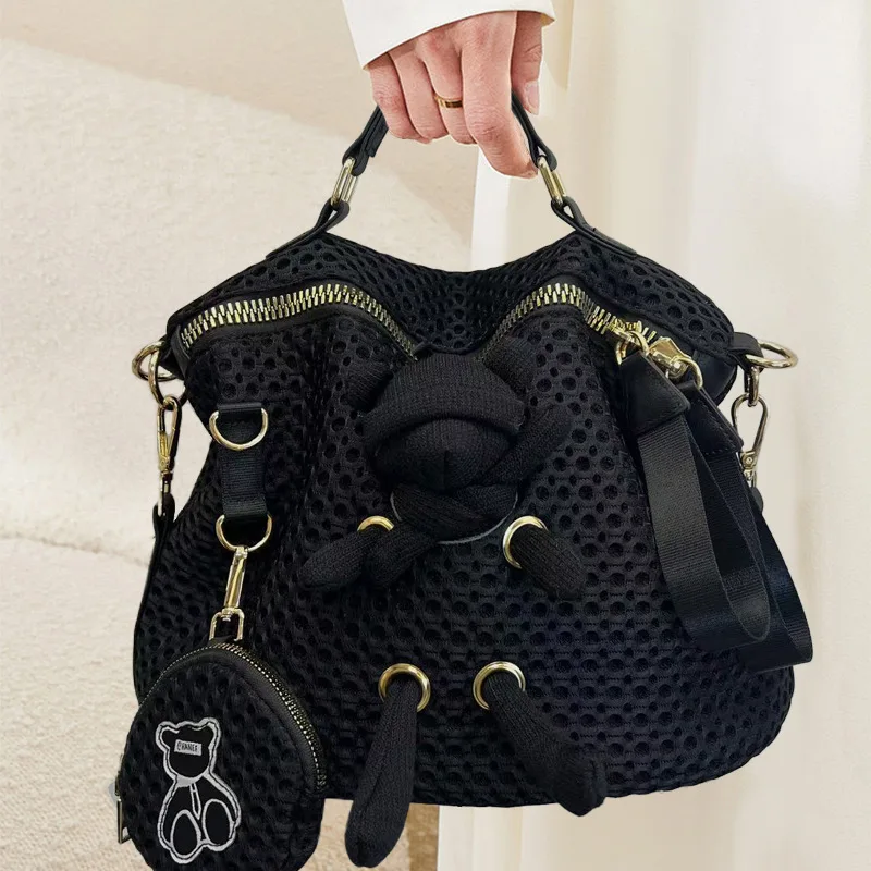 

Ladies' fashionable retro stitched mesh handbag, cute and casual multi pocket shoulder bag