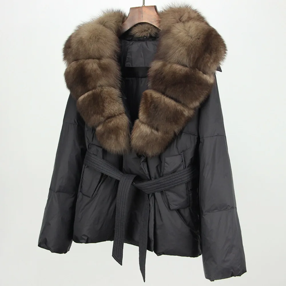 Fox Fur Collar Real Fur Coat 2024 Natural Winter Women Thick Warm 90 Duck Down Jacket Belt Outerwear Streetwear Loose