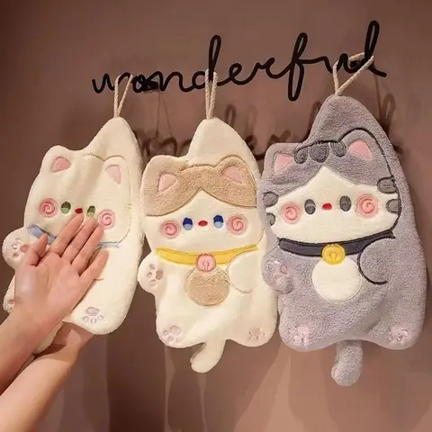 Cute Cat Hand Towel Quick Drying Kitchen Cleaning Rag Coral Velvet Cartoon Animal Absorbent Bathroom Hanging Towel Home Supplies