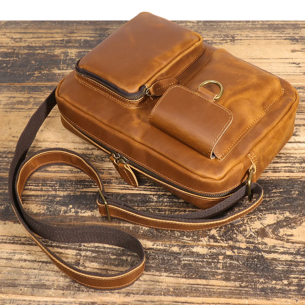 

Retro real leather shoulder Crazy Horse leather travel cross body backpack large capacity iPad storage shoulder bag