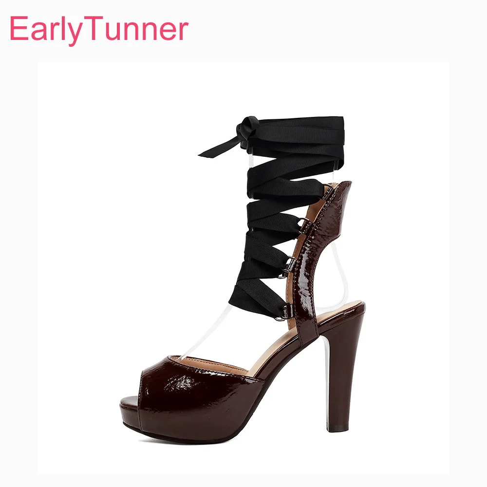 

2026 Summer Fashion Brown Lace up Women Platform Sandals Spike Heel Lady Party Shoes Large Plus Size 10 43