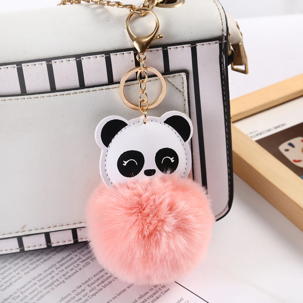 New Fashion PU Leather Animal Panda Keychain Soft Faux Rabbit Fur Pompom Fluffy Hairball Key Chain Women Bag Hanging Decorations