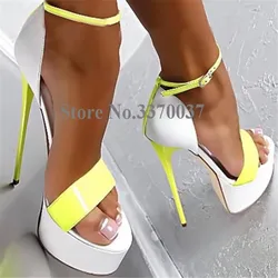 Women Sexy Fashion Open Toe One Strap Patent Leather High Platform Sandals Ankle Strap Super High Heel Sandals Evening Club Shoe