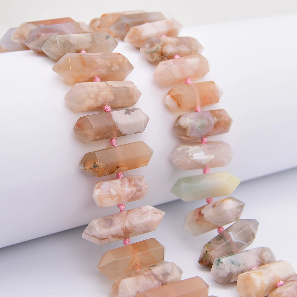 APDGG Large 12x42mm Natural Pink Sakura Quartz Blossom Cherry Agate Cutting Point Loose Beads 16'' Strand Jewelry Making DIY