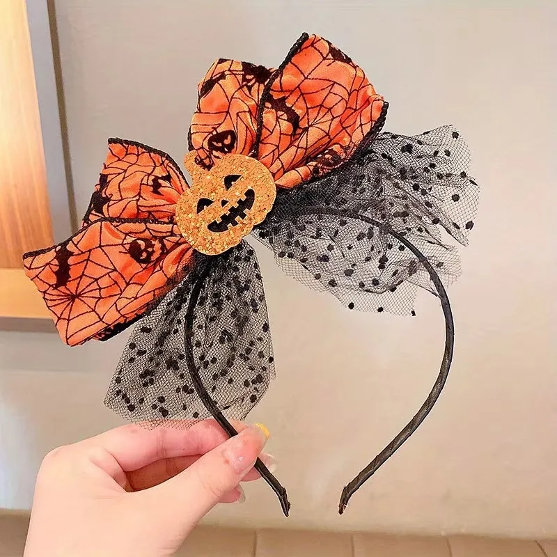 Halloween Pumpkin Devil Headband Glittery Orange Spider Web Bow Black Mesh Party Hat Costume Themed Events Photo Props Accessory