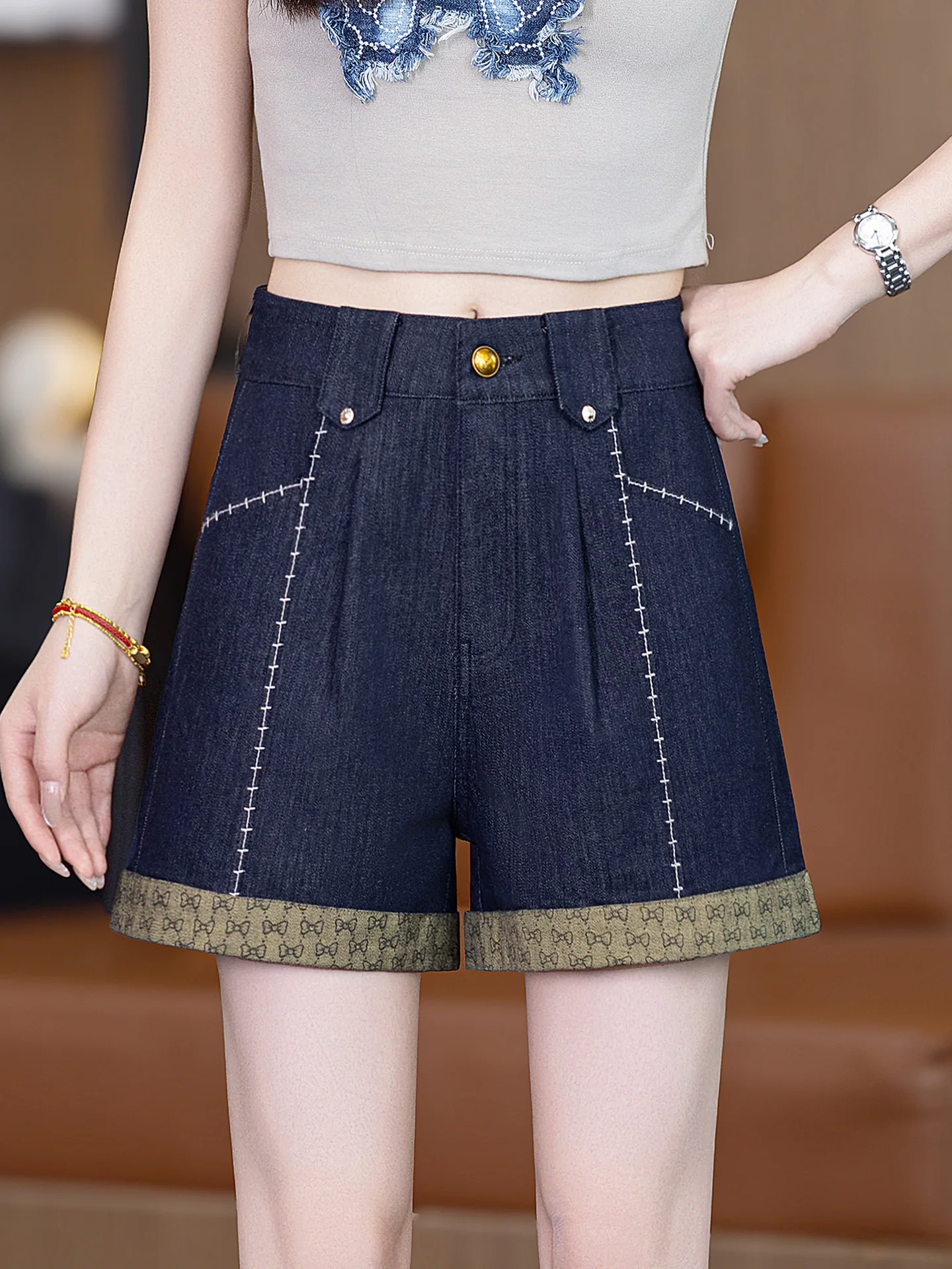 High Waist Slimming A-Line Denim Shorts Women's Summer Thin New Style Small Size Wide Leg Hot Pants Casual Cotton Blend