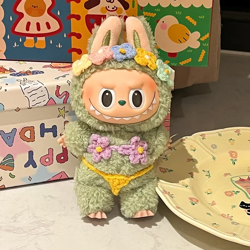 Labubu الملابس 15/17 سنتيمتر V1 V2 V3 دمية صغيرة أفخم دمية هاواي نمط بيكيني العشب تنورة رباط شعر 3 قطعة/الحزمة ملابس السباحة اكسسوارات