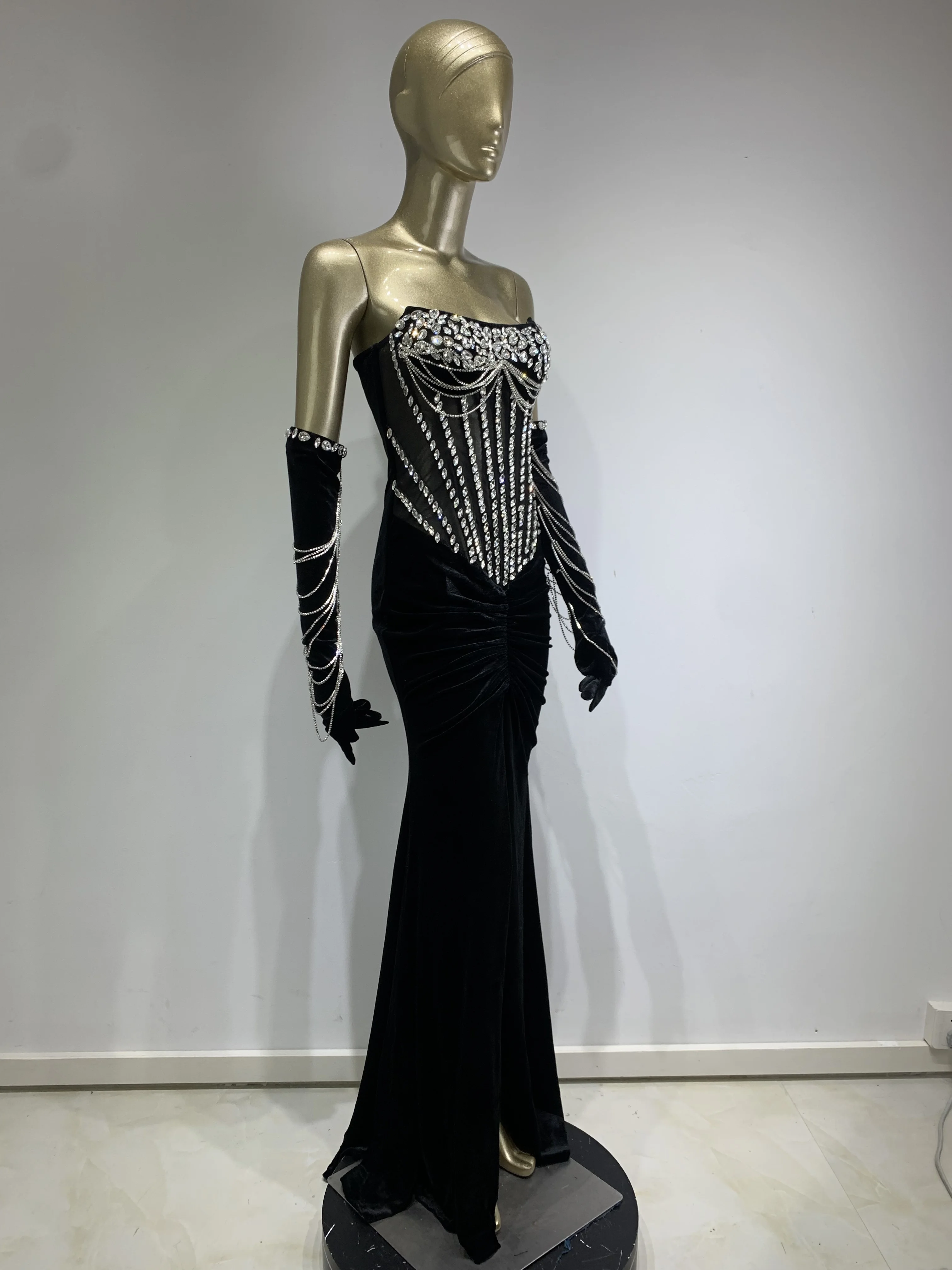 Women Luxury Sexy Strapless Beading Diamonds Black Maxi Long Dress 2024 Elegant Party Evening Stage Performance Dress Vestido