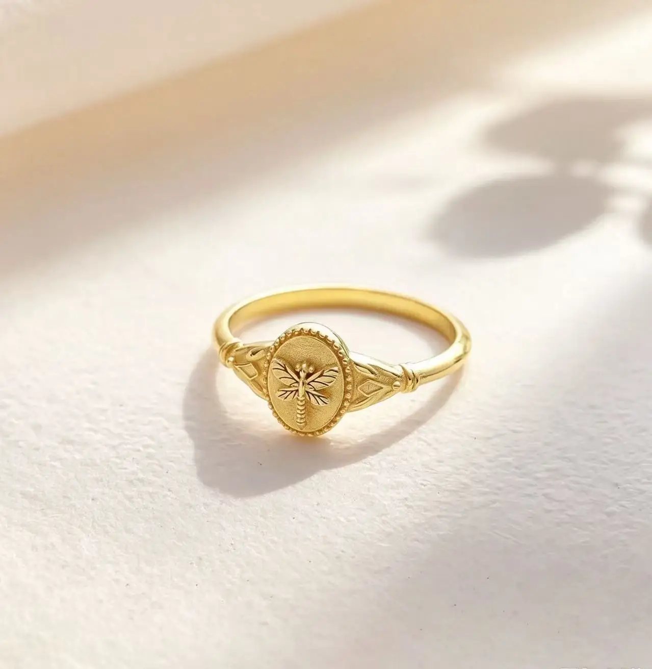 Vintage Minimalist 3D Dragonfly Ring, Gold Plated 925 Silver, delicate daily stacking ringChristmas Present for Women