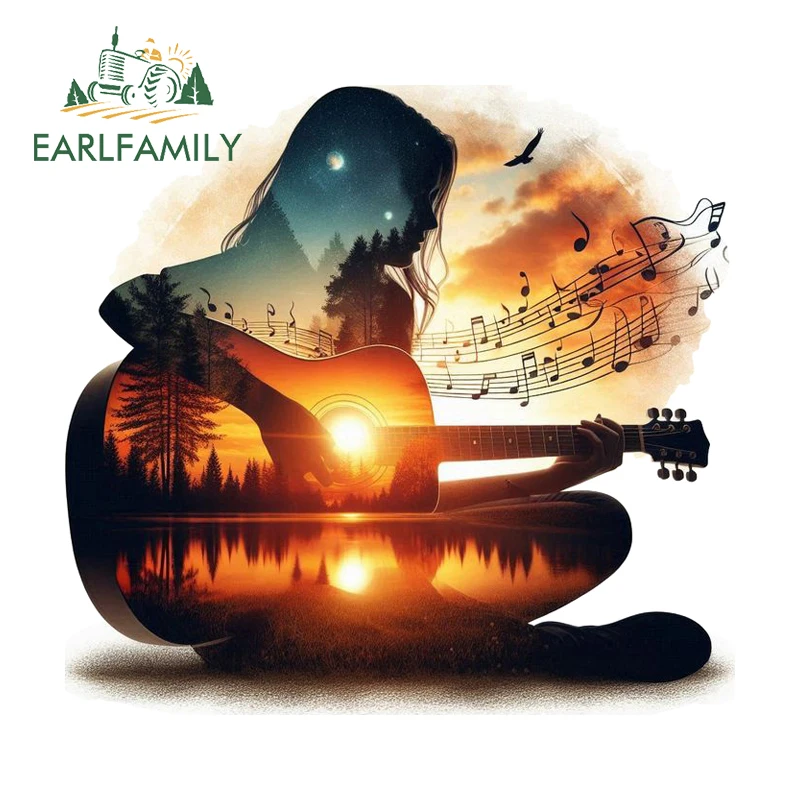 EARLFAMILY Fantasy Guitar Theme Car Stickers Beautiful Landscape Silhouettes Helmet Decals Waterproof Vinyl Car Door Protector