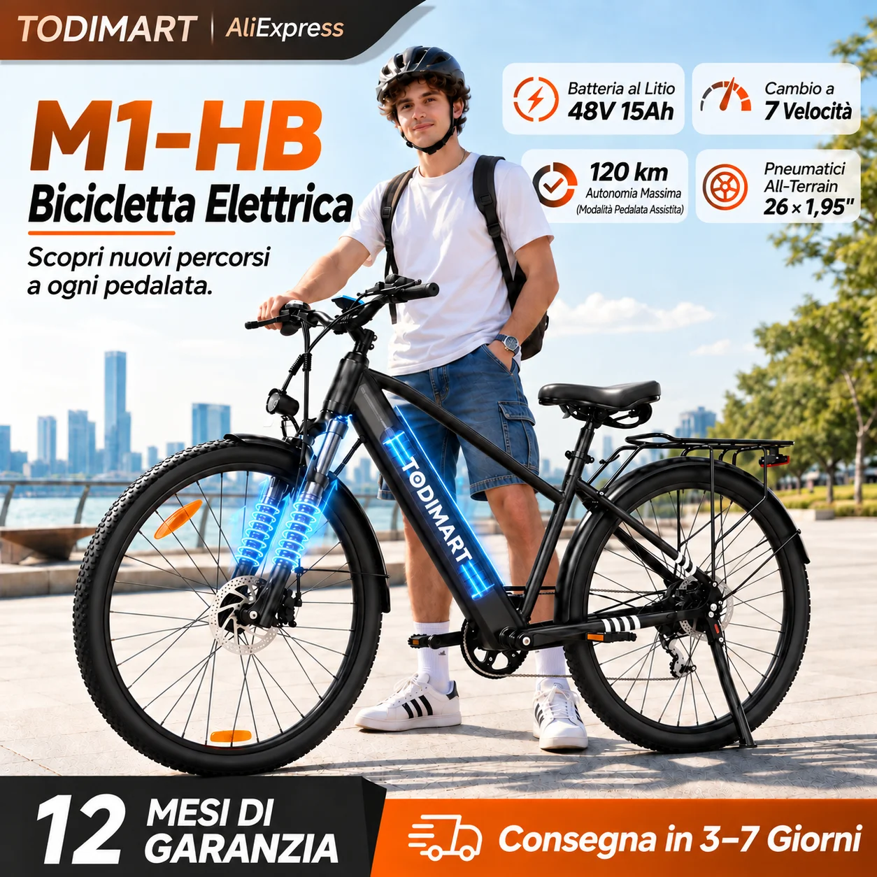 Bicicletta Elettrica TODIMART M1 M2 per Adulti, Autonomia 120KM, Pneumatici 26×2 Pollici, 7 Velocità, Sospensione Anteriore, Controllo Smart APP, Doppio Freno a Disco Meccanico, Bici Elettrica Urbana
