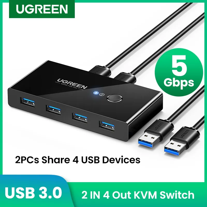 Ugreen-usb kvm switch, usb 3.0, 2.0, para teclado, mouse, impressora, xiaomi mi box, 2pc, porta, 4pcs, hub