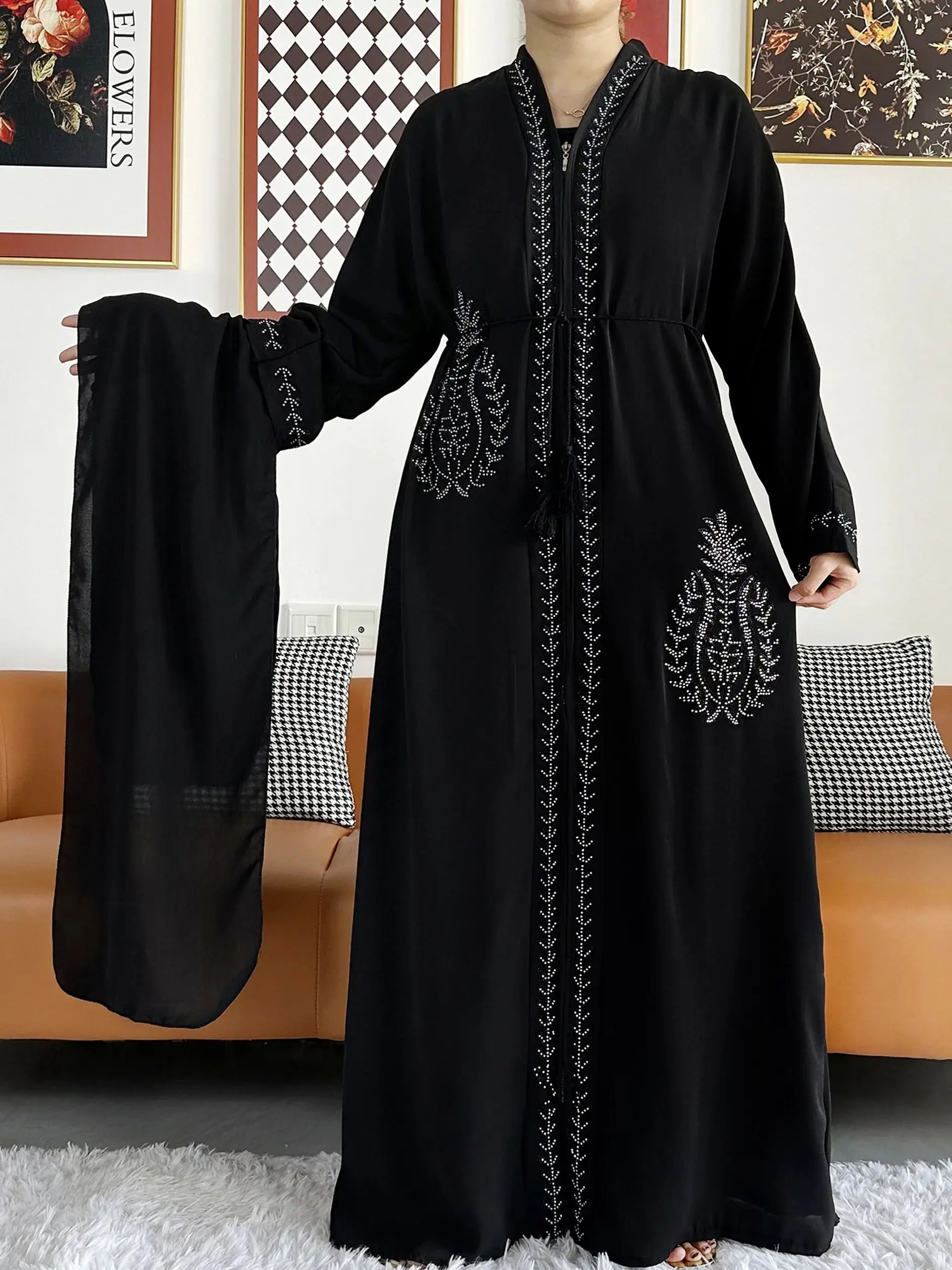 NONE Neue Frauen Elegantes Kleid Chiffon Offene Abaya mit Reißverschluss Muslimische Frauen Kleid Islamische Kleidung Strickjacke Abaya Frauen Muslimischen Kleid 7