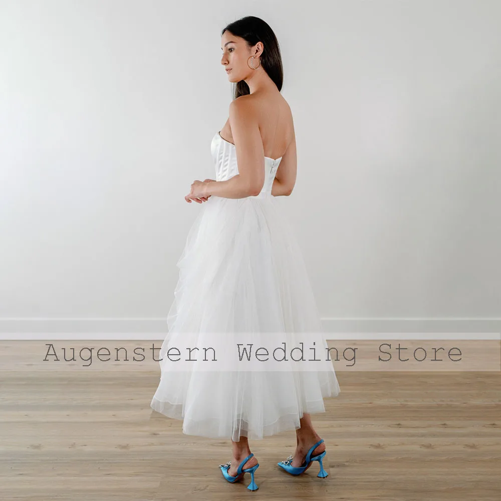 Vestido de casamento de tule branco, uma linha, comprimento do chá, vestidos simples, mangas curtas destacáveis, vestidos de noiva elegantes