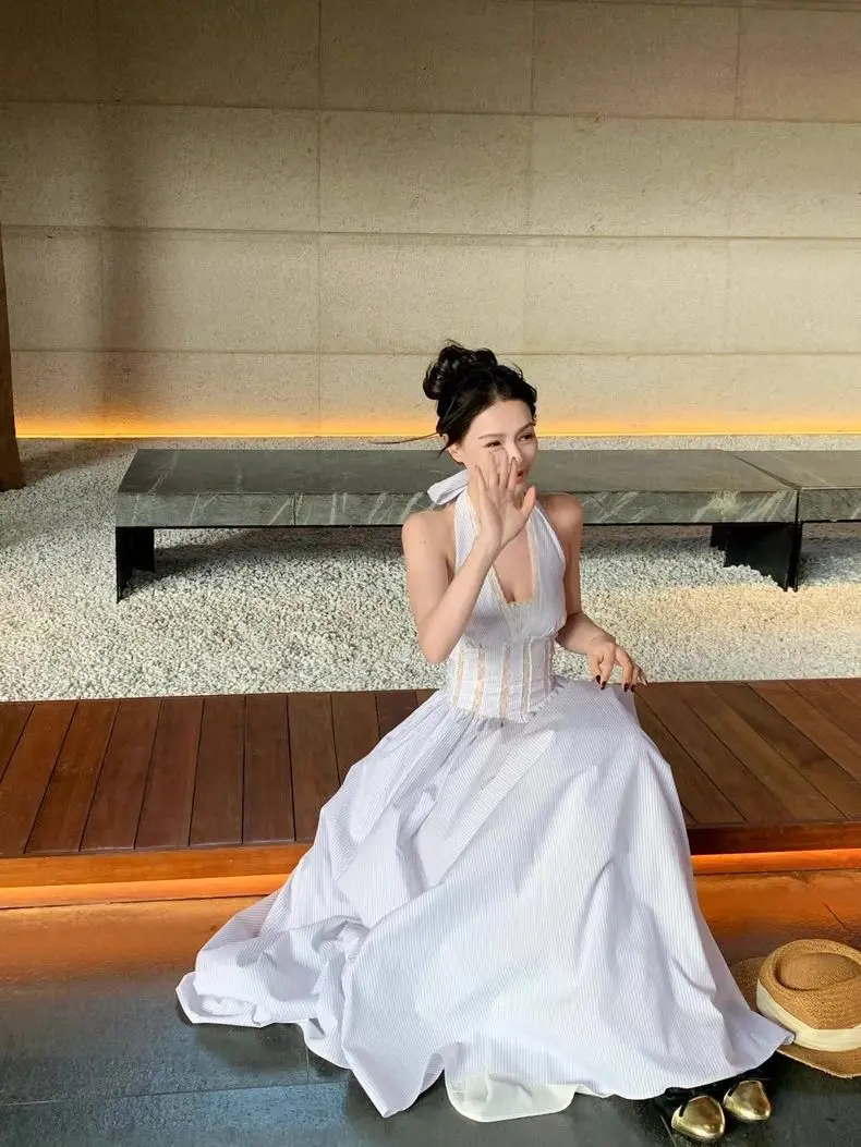 Robe longue à col licou pour femmes, robe moulante découpée en dentelle, robe d'été rayée coupe cintrée, robe de soirée dos nu sexy Y2K, E