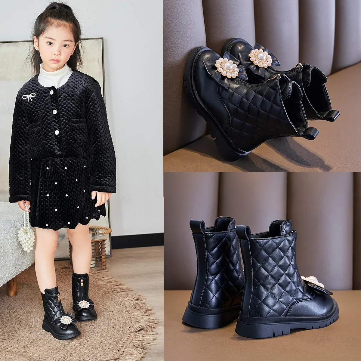 2024 Children Short Leather Boots for Girls Autumn Winter New Fashion Princess Elegant Beading Flowers Soft Comfortable UK Shoes