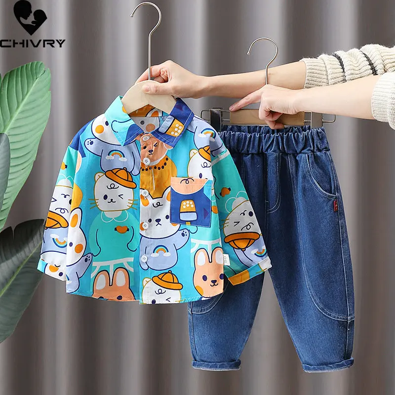 Neue 2023 Jungen Kleidung Sets Frühling Herbst Kinder Mode Cartoon Revers Shirts mit Jeans Baby Boy Casual Kleidung Zwei-stück Sets