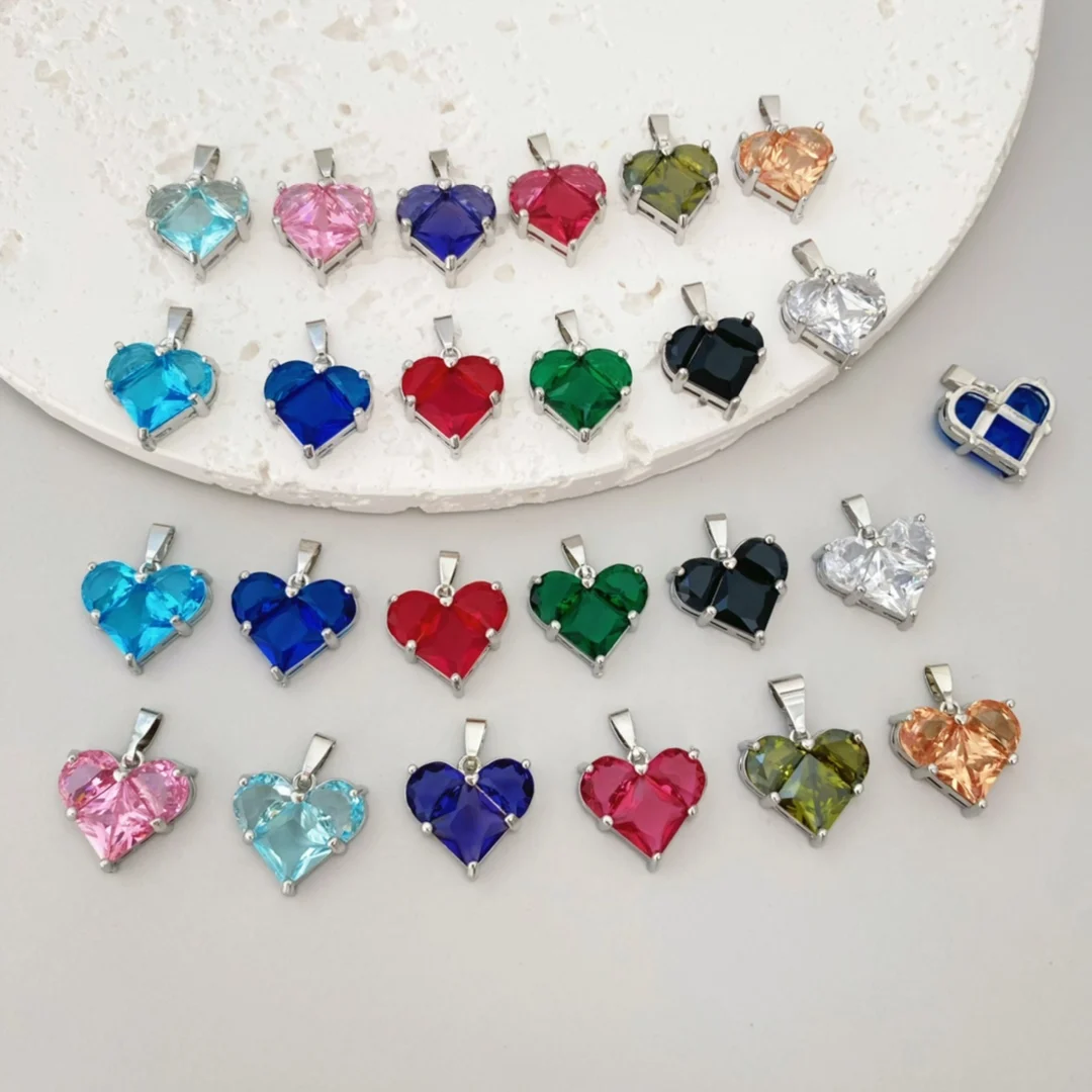 

10Pcs Heart Crystal Zircon Stone Pendant Necklace Colorful Jewelry Luck Copper Gold Chain Necklaces for Womem