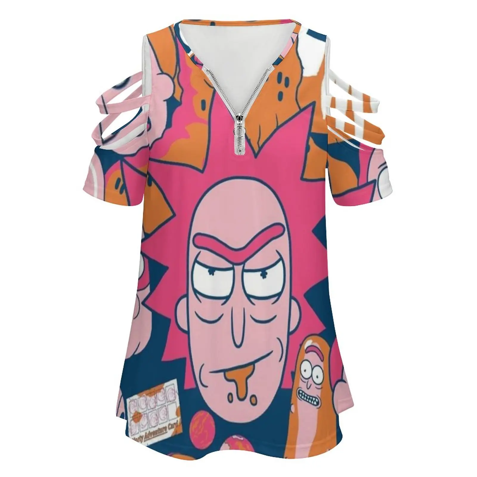 Collage Women's T-Shirt New Fashion Printed Zipper V-Neck Short Sleeve T Shirts Casual Plus Size Sanchez Meeseeks Vindicators