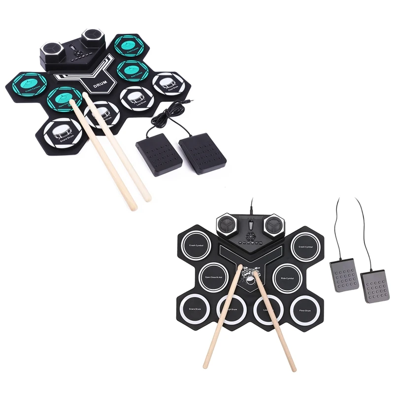 Practice Drum Built-In Stereo Speaker Bluetooth Radio Drum Set For Kids Beginners Black+Blue