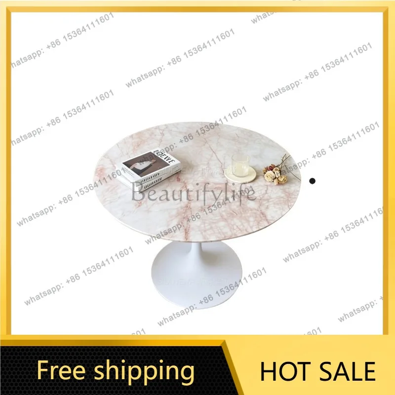 YJ Pink Vein Luxury Stone Round Dining Table French Cream Style Minimalist Small Household Tulip Shape Marble Table