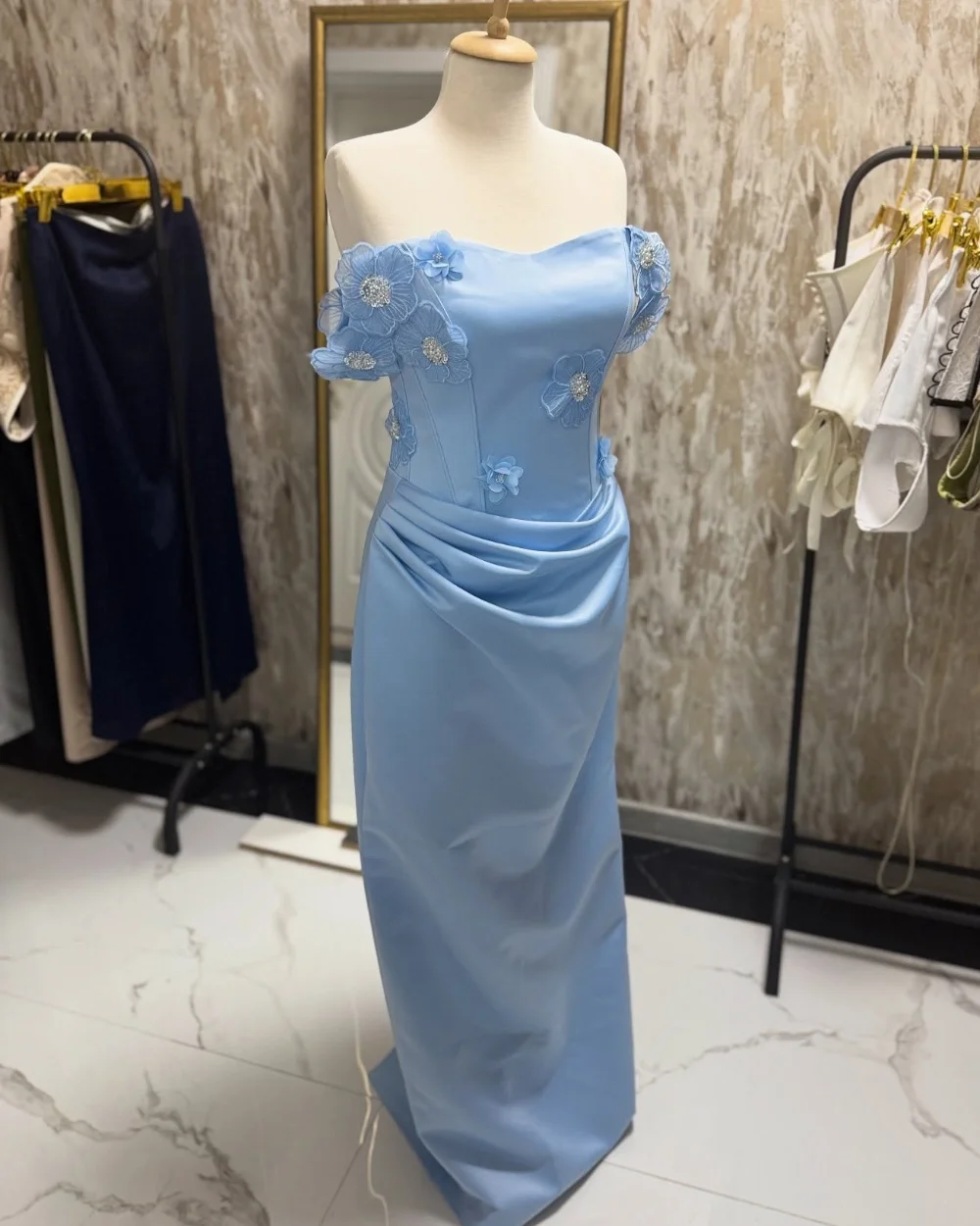 

Customized Intricate Matching Jersey Handmade Flower Sequined Straight Off-the-shoulder Long Dresses Bespoke Occasion Dresses
