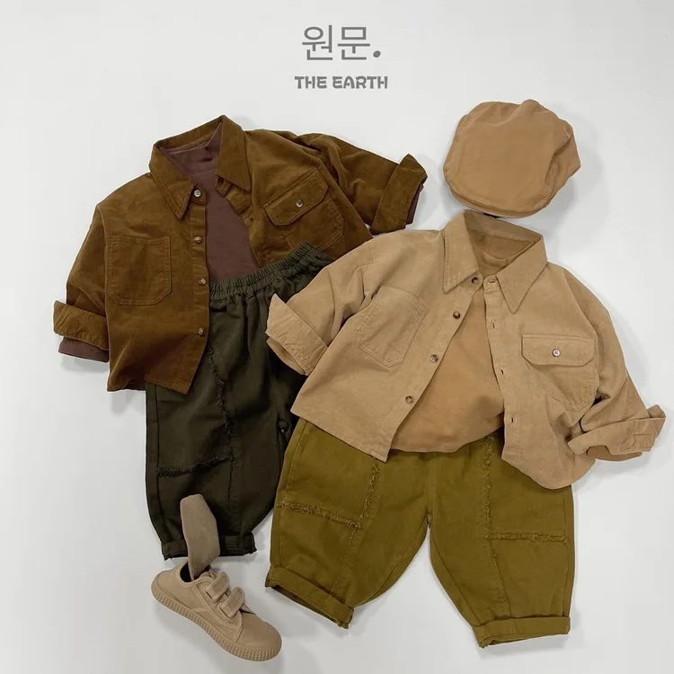 Korean Childrens Boys Vintage Shirt Autumn Retro Solid Color Long Sleeved Striped Velvet Baby Boys Shirt Kids Boys Coat Trend