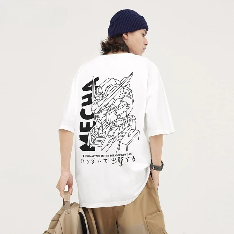 日本のトレンディなブランド夏の新半袖ラインアップロボットオーバーサイズクルーネック Tシャツボトリングシャツ男性綿 Tシャツ