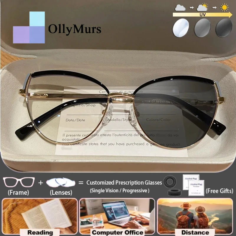 

Очки для чтения Ollymurs Business Women в оправе «кошачий глаз» с диоптриями, персонализированный дизайн, защита от синего света, фотохромные линзы