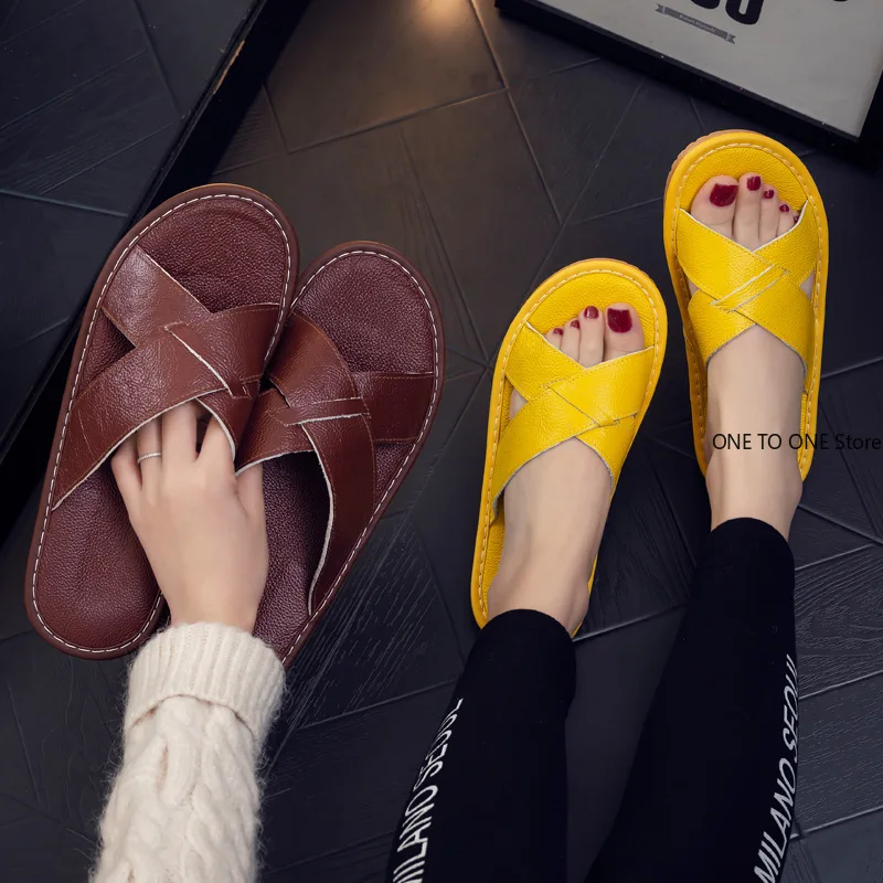

New Pure Leather Cool Slippers for Women's Household Summer Home Indoor Non-slip Full Leather Breathable Home Slippers for Men