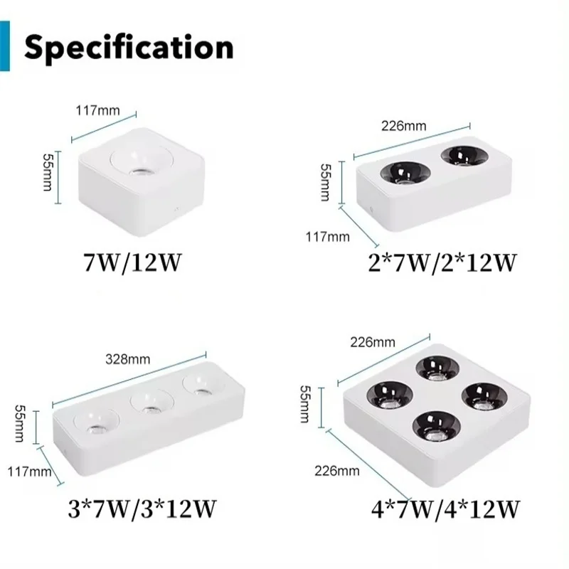 Faretto quadrato a montaggio superficiale 7W 12W 24W 36W dimmerabile Multi-testa Cob illuminazione a soffitto faretto da incasso a Led in alluminio commerciale per interni