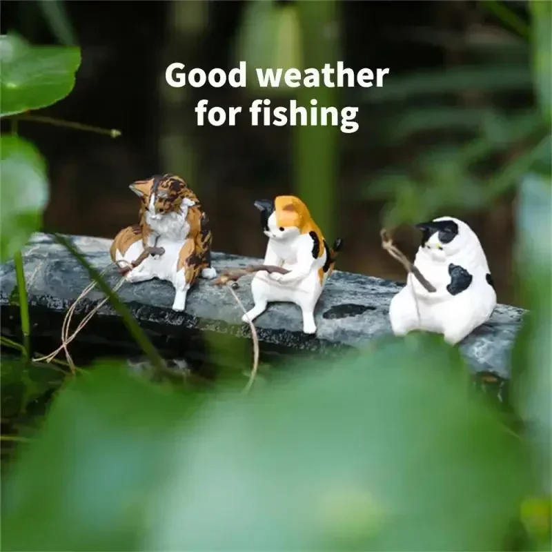 Cute Cat Resin Ornament Decorative Cats Fishing Figurine Cat Sculpture Sitting Fishing Little Furnishings for Aquarium Home