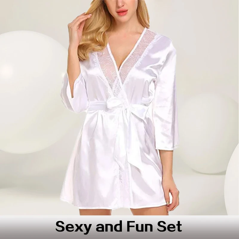 Women's Satin V-Neck Lace Trimmed Bathrobe Pajamas Women's Solid Color Sexy Casual Pajamas with Belt Pajama Set