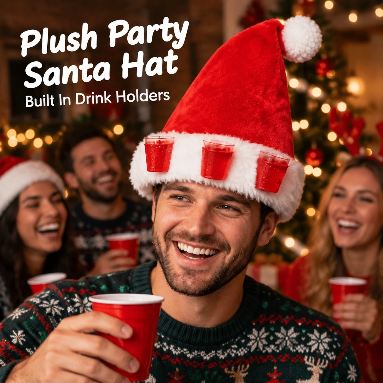 Long Plush Christmas Hat Red with 3 Removable 2oz Cup Holders White Pom Pom Top for Holiday Party Bar Games Winter Celebrations