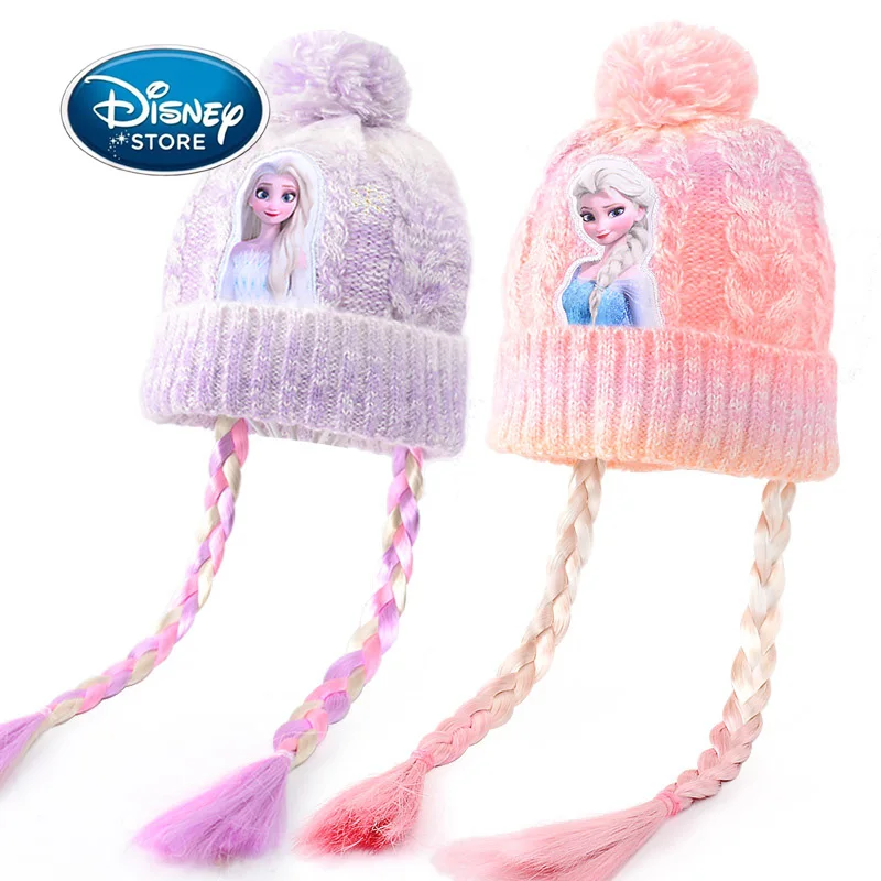 Disney Cartoon Frozen Elsa Princess Girl's Hat Winter Children Plush Thick Warm Knitted Hat Yarn Ponytail