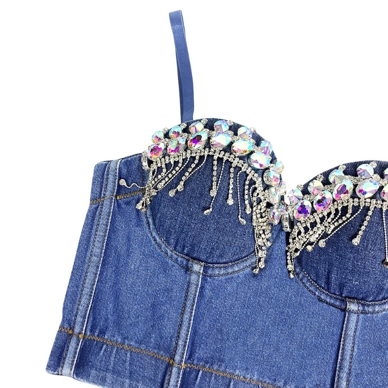 شينغ جو ملهى ليلي DJ مثير الدنيم المحاصيل القمم النساء ملابس رقص الجاز الملابس النسائية موضة الماس حبال سترة المغني المرحلة ارتداء #6