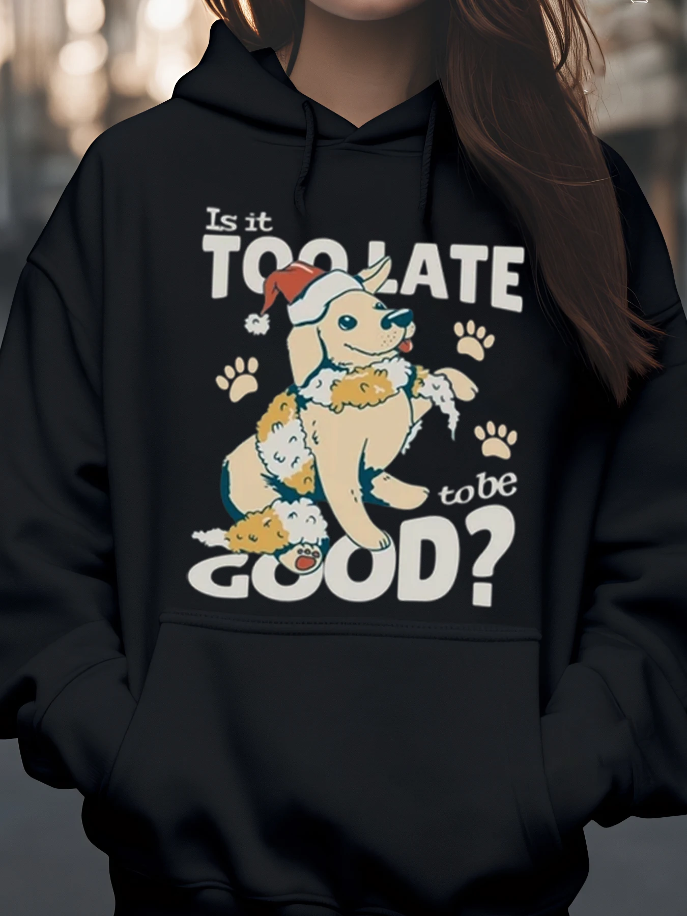 Weihnachten Hund Santa Hut Print Hoodie Urlaub Freizeitkleidung Damen Sweatshirt