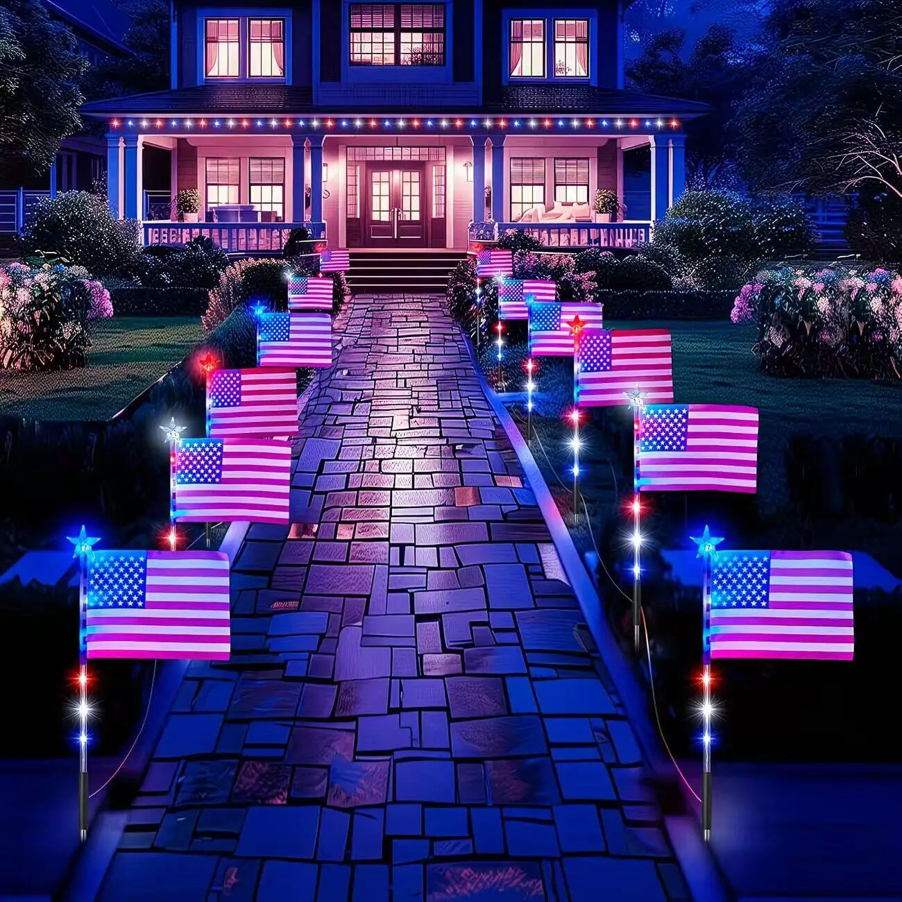 

8 in 1 Solar American Flag Pathway Lights Outdoor Waterproof LED Ground Insert Lawn Lamp for Fourth of July Yard Holiday Decor