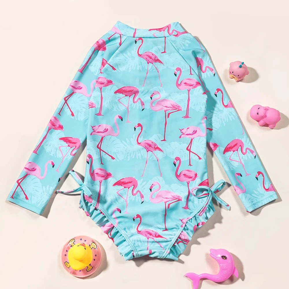 Girls Long Sleeve Flamingo Swimwear Summer Beach Bathing Suit One Piece Swimsuit Swimming Costumes for Children