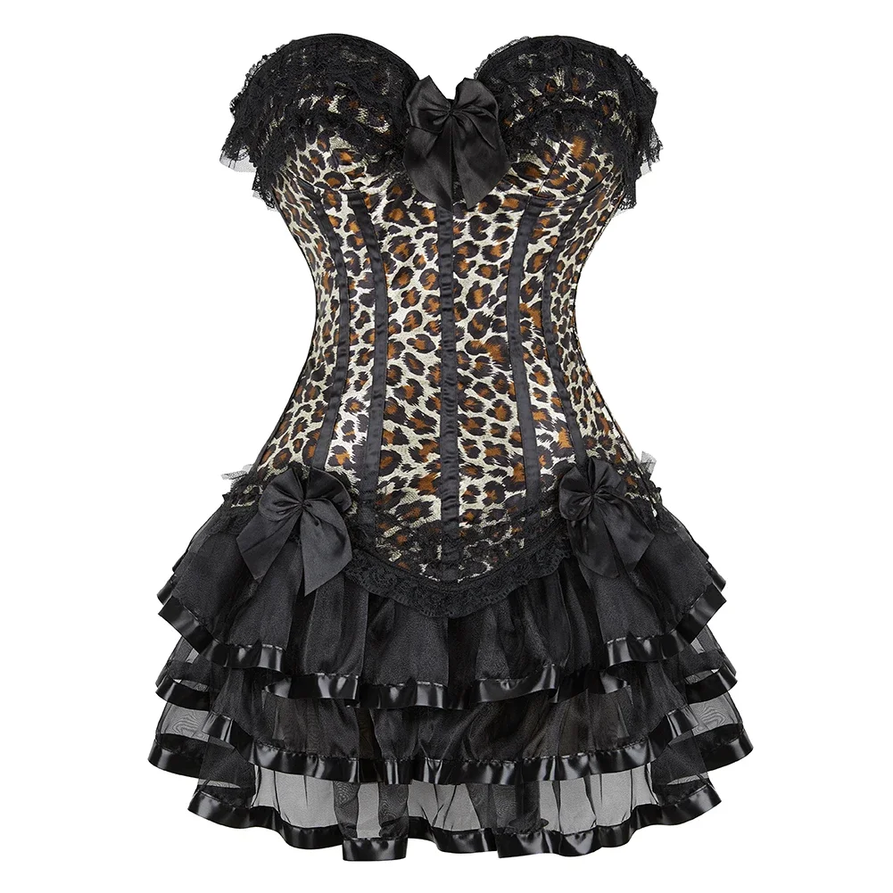 Sexy Satin Lace Leopard Overbust Corset Lingerie Top Vintage Bustier With Mini Tutu Skirt Victorian Striped Corset Dress Gowns