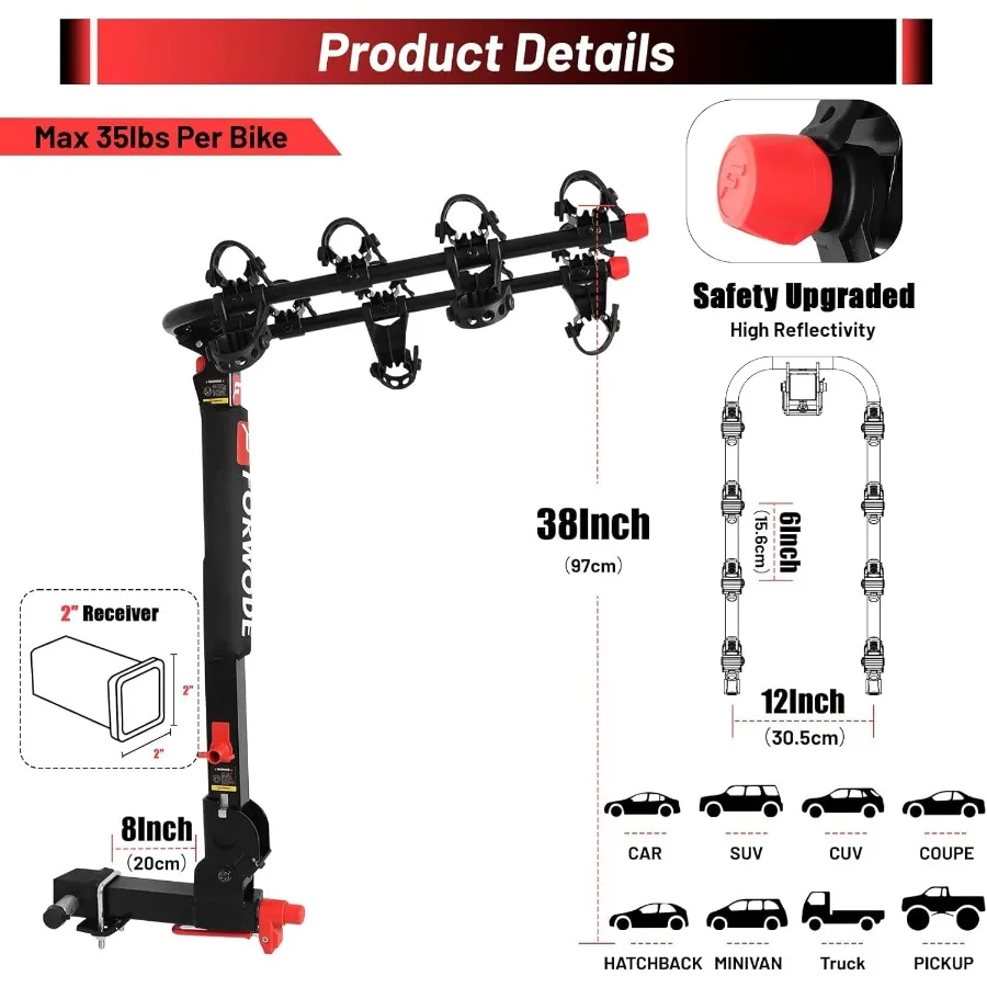 4 Bike Hitch Mount Rack Tiltable Foldable Bicycle Carrier Wobble Free Locking Hitch Quick Release 2Inch Receiver Black for Secu