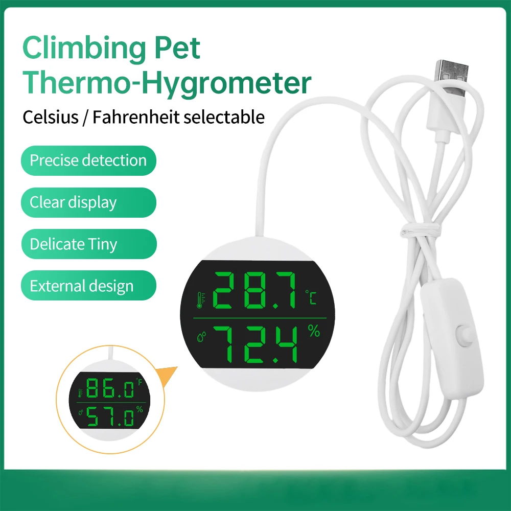 Elektroniczny miernik temperatury i wilgotności USB akumulator hodowla wylęgający akwarium wspinaczka termometr dla zwierząt 0-60 ℃   0%-99%RH