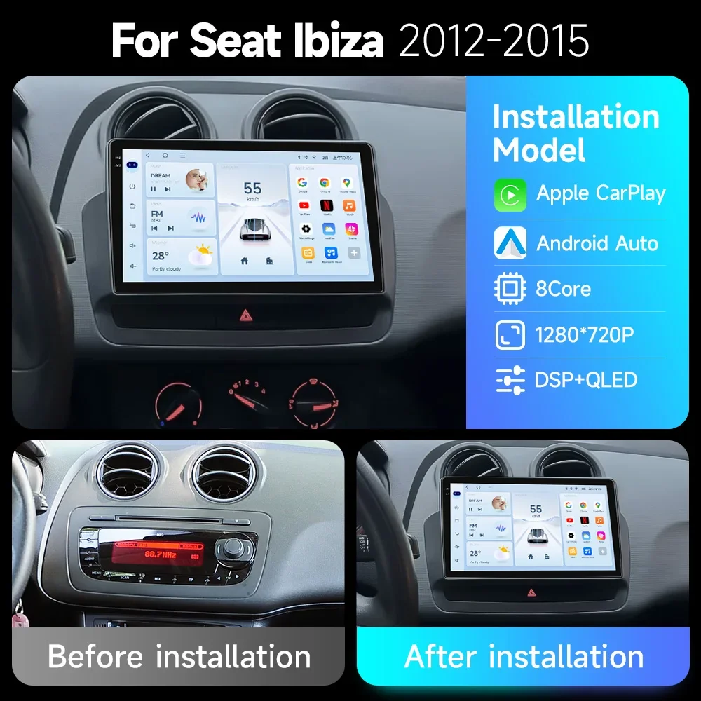 Car Radio For Seat Ibiza 2012 - 2015 QLED Android 15 Multimedia Video Player GPS 4G WIFI CarPlay Auto Wireless Stereo No 2Din
