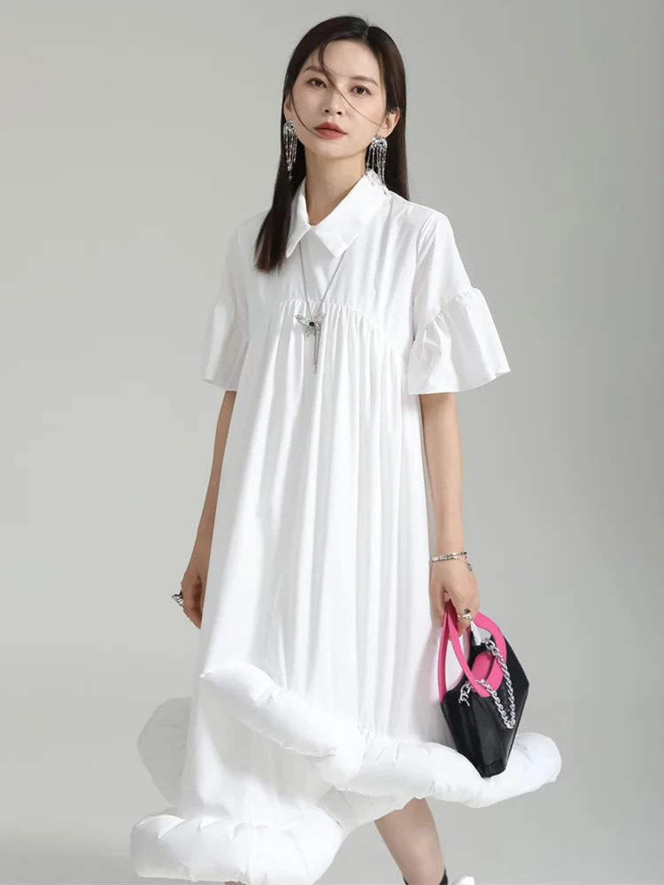 [EAM] Women White Pleated Hem Ruffles Big Size Shirt Dress New Lapel Short Sleeve Loose Fit Fashion Spring Summer 2024 1DF7190