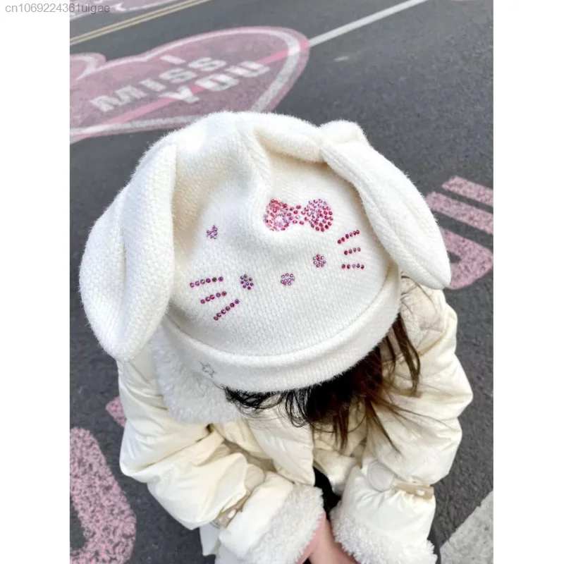 Sanrio Hello Kitty Pink Diamond Hat Women Soft Cute Fluffy Cap Rabbit Ears Design Fashion Accessories Winter Hats Y2k Headwear