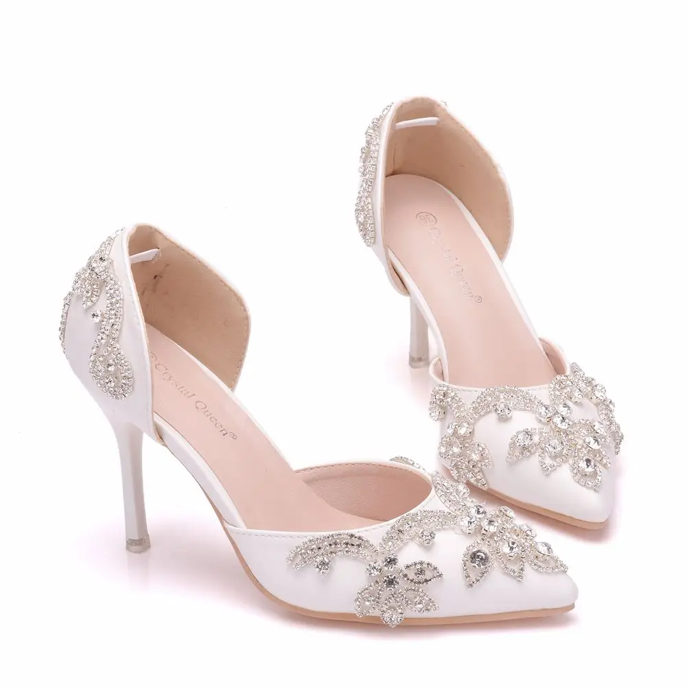 Crystal Queen White Custom Ponited Head Diamond Decorate Shallow PU Leather Elegant 7cm High Heel Sandals Bride Wedding Shoes