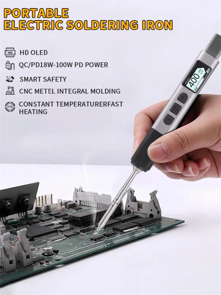 PTS201 Smart Electric Soldering Iron PD 100W Max PID Temperature Control Electronic DIY 50-450°C Soldering Iron Tips Set