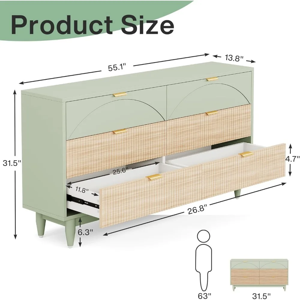 Cômoda de 6 gavetas para quarto: cômoda moderna de 55 polegadas com puxadores de metal dourado, cômoda dupla longa verde menta