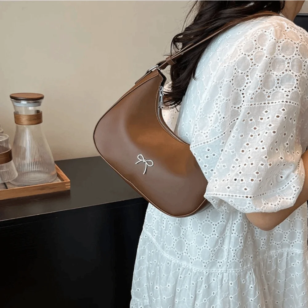 

Модная сумка подмышки из искусственной кожи с бантом, корейская милая сумка подмышки с бантом, роскошная однотонная женская сумка Y2K