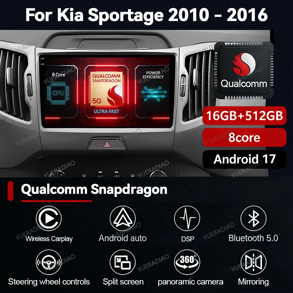 Android 17 Autoradio für Kia Sportage 3 SL 2010 - 2016 Multimedia Stereo Videoplayer QLED 4G LTE 5G WIFI GPS NAVI 2DIN Qualcomm